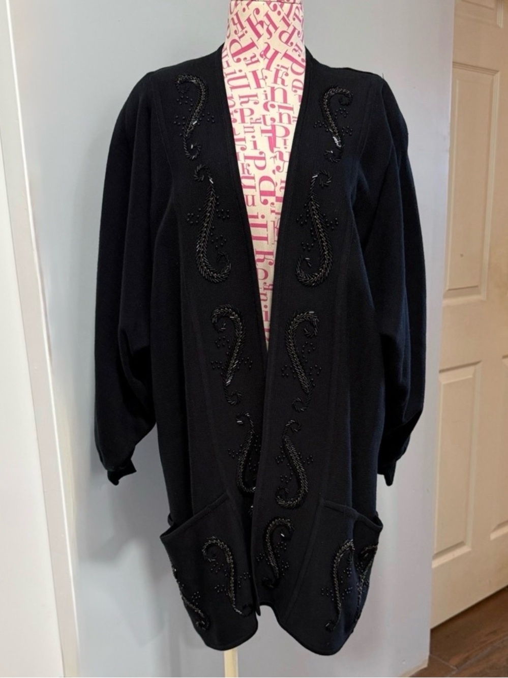 Vintage 80s Sunil Seoul Black Beaded Paisley Heavy Knit Cardigan Sweater M/L